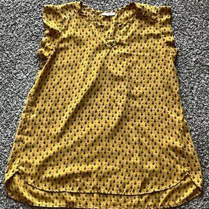 Pleione Yellow Blue Floral Blouse Womens Small VNeck, Ruffled Sleeve Flower Top